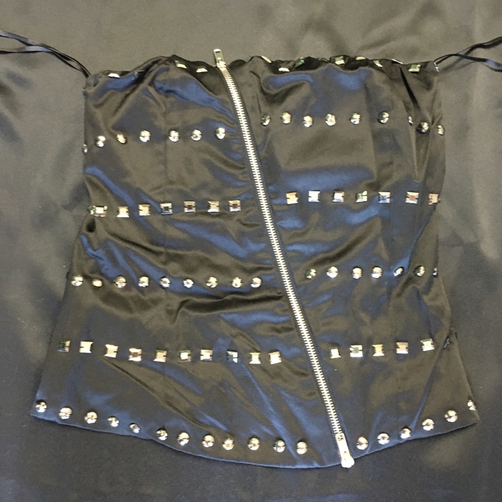 Black bustier with rhinestones and slant zipper